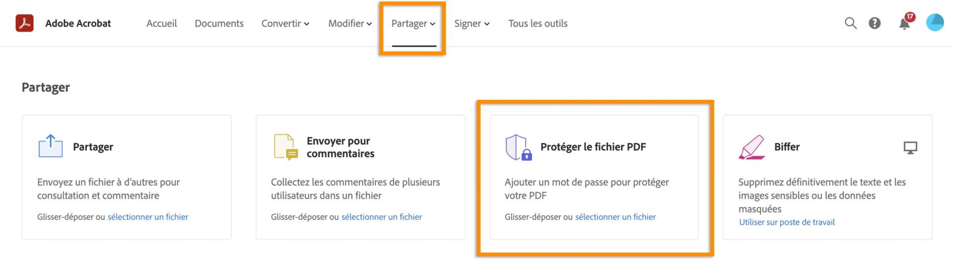 Sélection de l’outil Protéger le fichier PDF