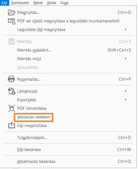 Jelszavas védelem a Fájl menüből