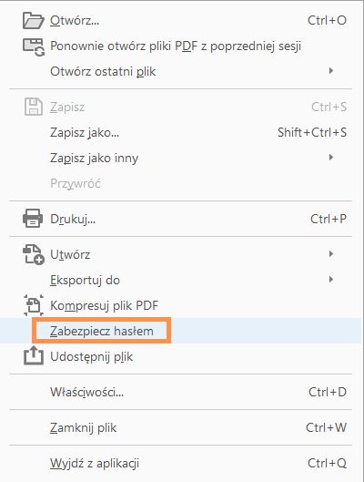 Zabezpiecz hasłem z menu Plik