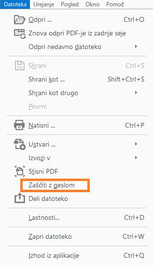 Zaščiti z geslom iz menija Datoteka