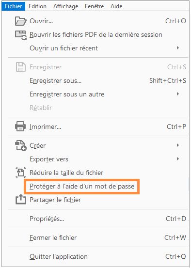 Protéger par mot de passe dans le menu Fichier