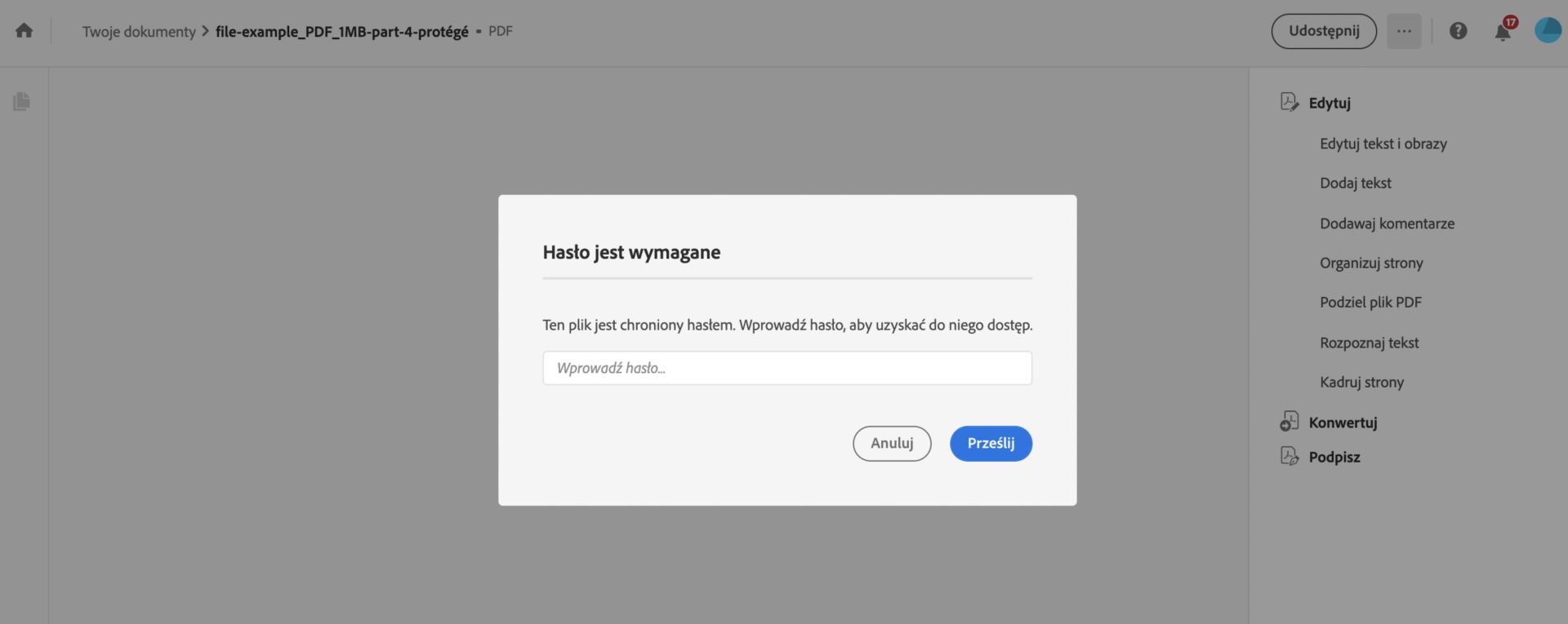 Wprowadzanie hasła w celu wyświetlenia chronionego pliku PDF