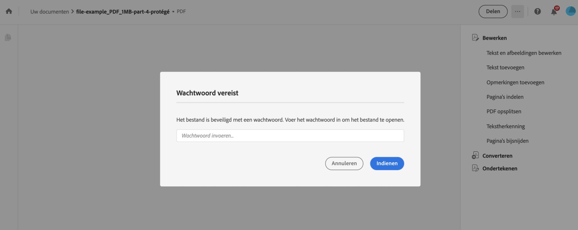 Wachtwoord invoeren om de beveiligde PDF te bekijken