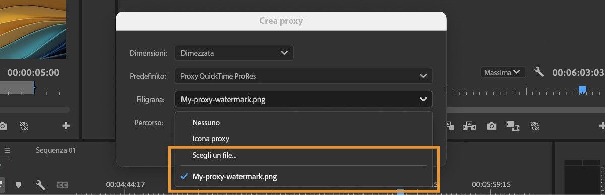 L’interfaccia utente mostra la finestra di dialogo Crea proxy con l’opzione Scegli un file evidenziata