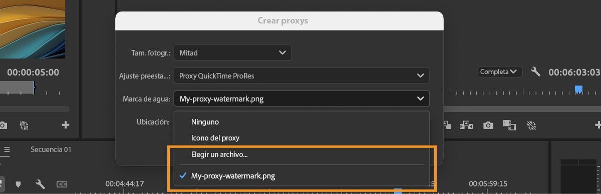 La IU muestra el cuadro de diálogo Crear proxys con la opción Elegir archivo resaltada