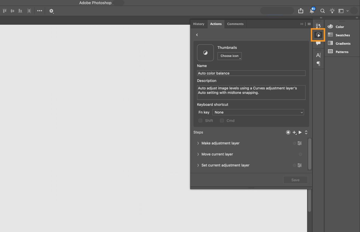 Eylemler panelinde seçilen bir eylemin görünür ayarlarının gösterildiği Photoshop çalışma alanı.