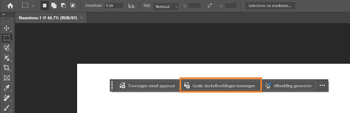 Photoshop-gebruikersinterface met de optie Gratis stockafbeeldingen toevoegen op de contextuele taakbalk