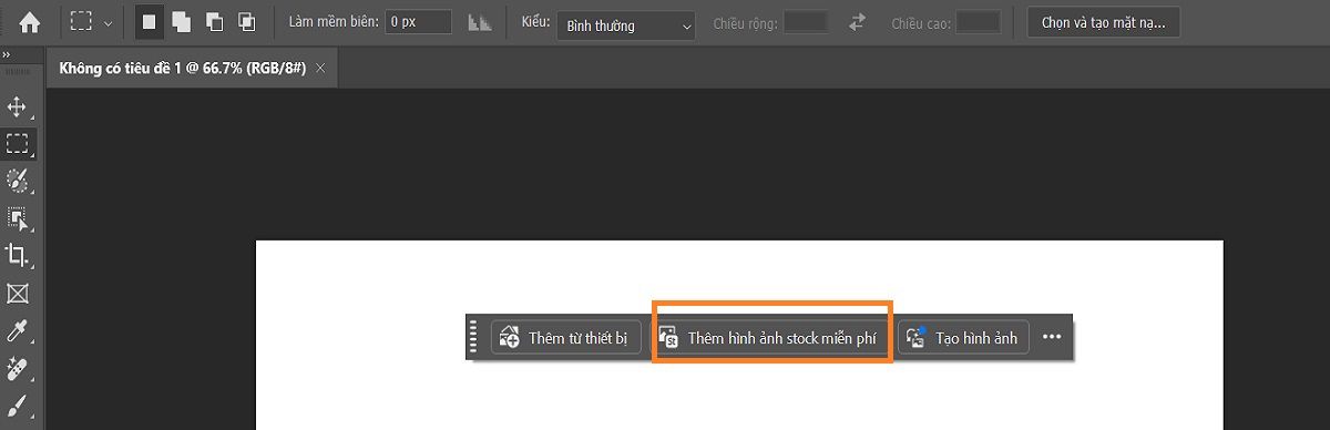 Giao diện người dùng của Photoshop hiển thị tùy chọn Thêm ảnh stock miễn phí trong Thanh tác vụ theo ngữ cảnh