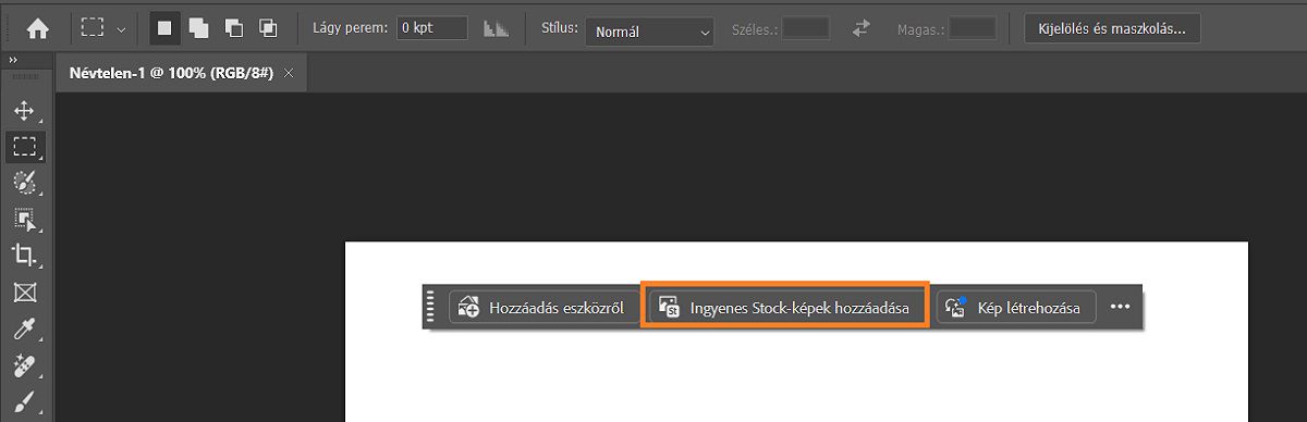A Photoshop felhasználói felülete a környezetfüggő feladatsáv Ingyenes Stock-képek hozzáadása elemével