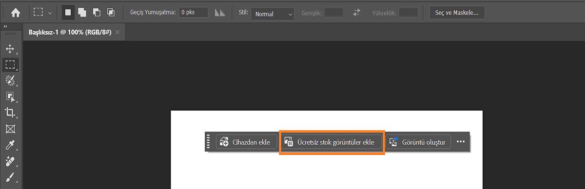 Bağlamsal Görev Çubuğu'nda Ücretsiz stok görüntüler ekle seçeneğinin gösterildiği Photoshop kullanıcı arabirimi
