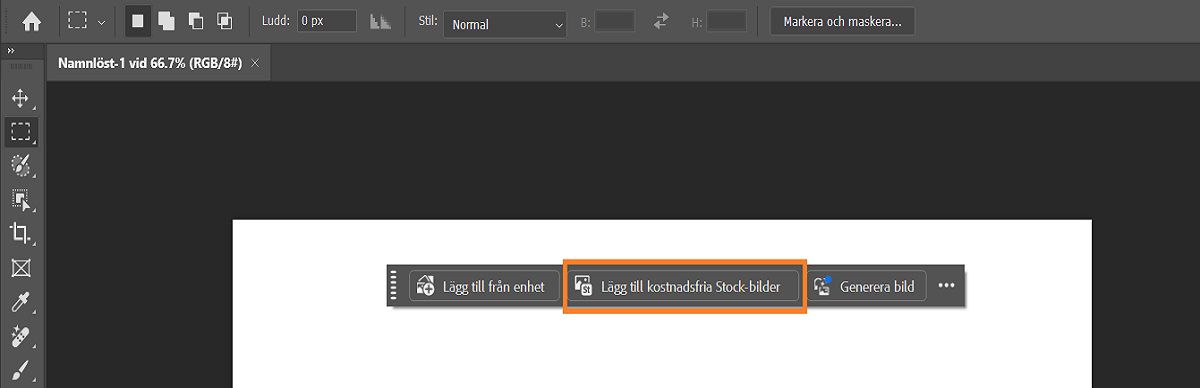 Photoshop-gränssnittet visar alternativet Lägg till kostnadsfria Stock-bilder i det kontextuella aktivitetsfältet