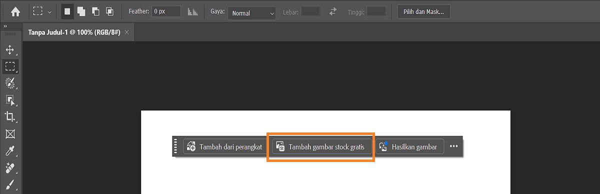 UI Photoshop menampilkan opsi Tambahkan gambar stock gratis di Bar Tugas Kontekstual