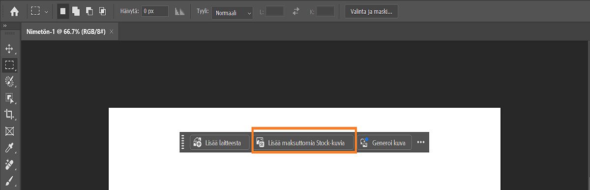 Photoshop-käyttöliittymä, jonka kontekstuaalisessa tehtäväpalkissa näkyy vaihtoehto maksuttomien Stock-kuvien lisäämiseksi
