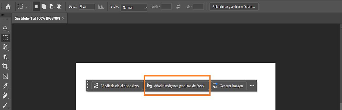 Interfaz de usuario de Photoshop que muestra la opción Añadir imágenes gratuitas del banco de imágenes en la barra de tareas contextual