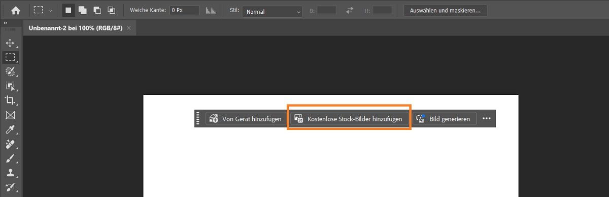 Photoshop-Benutzeroberfläche mit der Option „Kostenlose Adobe Stock-Fotos hinzufügen&quot; in der kontextbezogenen Taskleiste