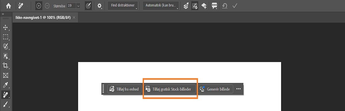 Photoshop-brugergrænseflade, der viser muligheden for at tilføje gratis Stock-billeder på den kontekstafhængige proceslinje