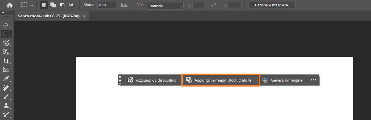 L'interfaccia di Photoshop mostra l'opzione Aggiungi immagini Stock gratuite nella barra delle attività contestuale