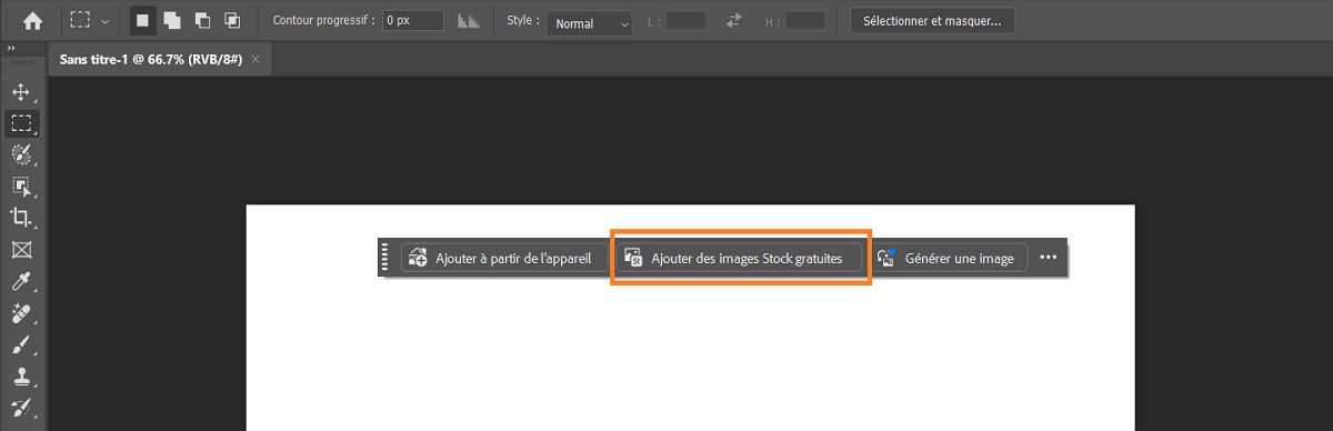 Interface utilisateur Photoshop montrant l’option Ajouter des images Stock gratuites dans la barre des tâches contextuelle