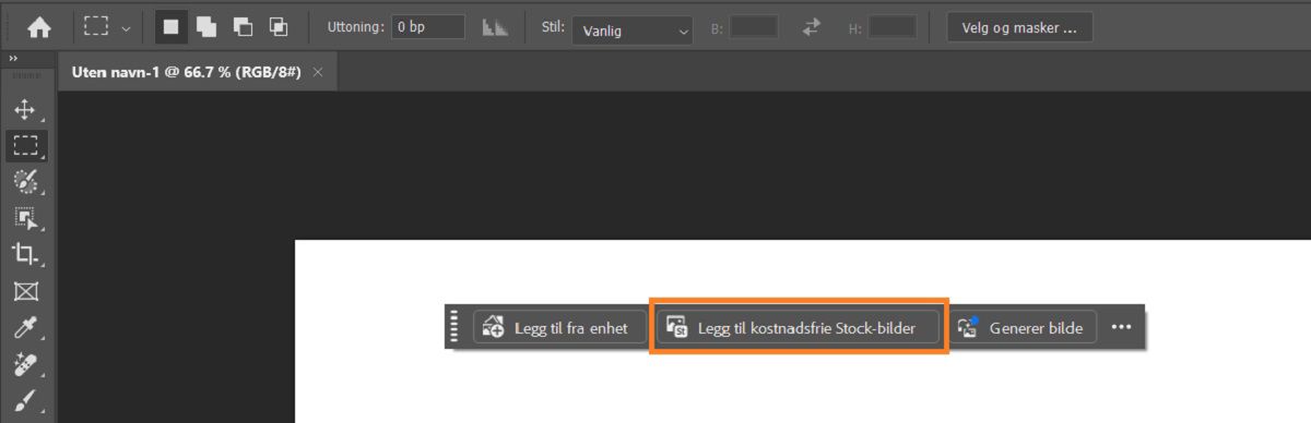 Photoshop-grensesnittet som viser alternativet Legg til kostnadsfrie Stock-bilder i den kontekstavhengige oppgavelinjen