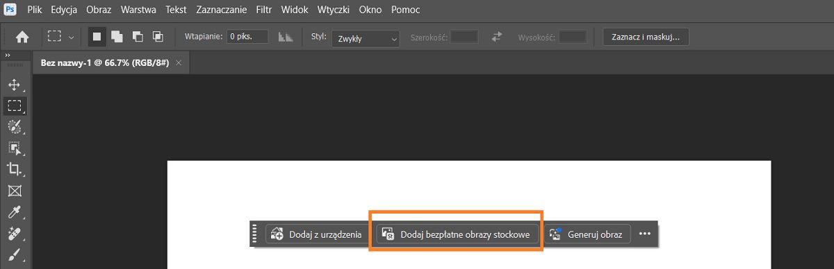 Interface do Photoshop mostrando a opção Adicionar imagens gratuitas na barra de tarefas contextual
