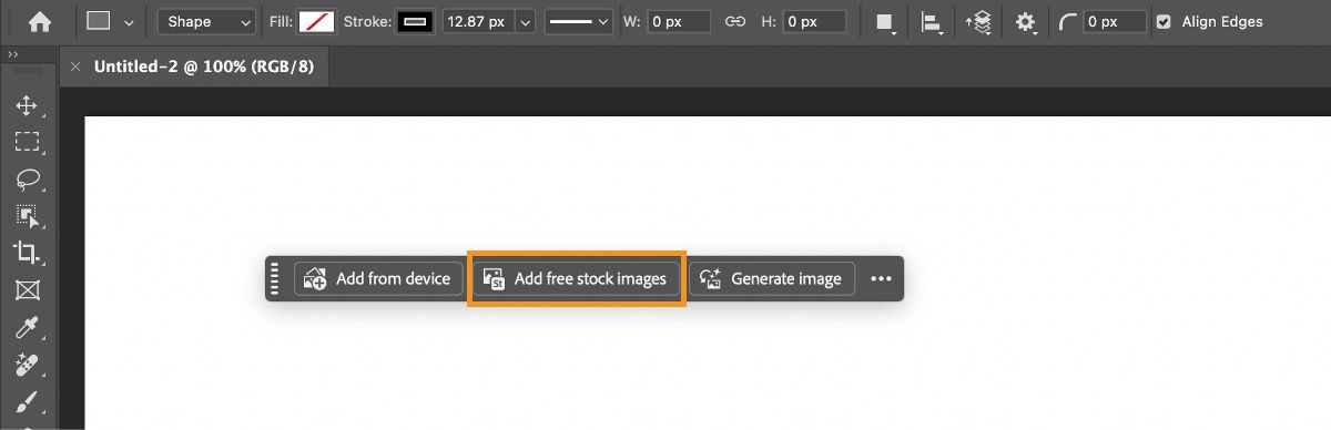Photoshop UI showing the Add free stock images option in the Contextual Task Bar
