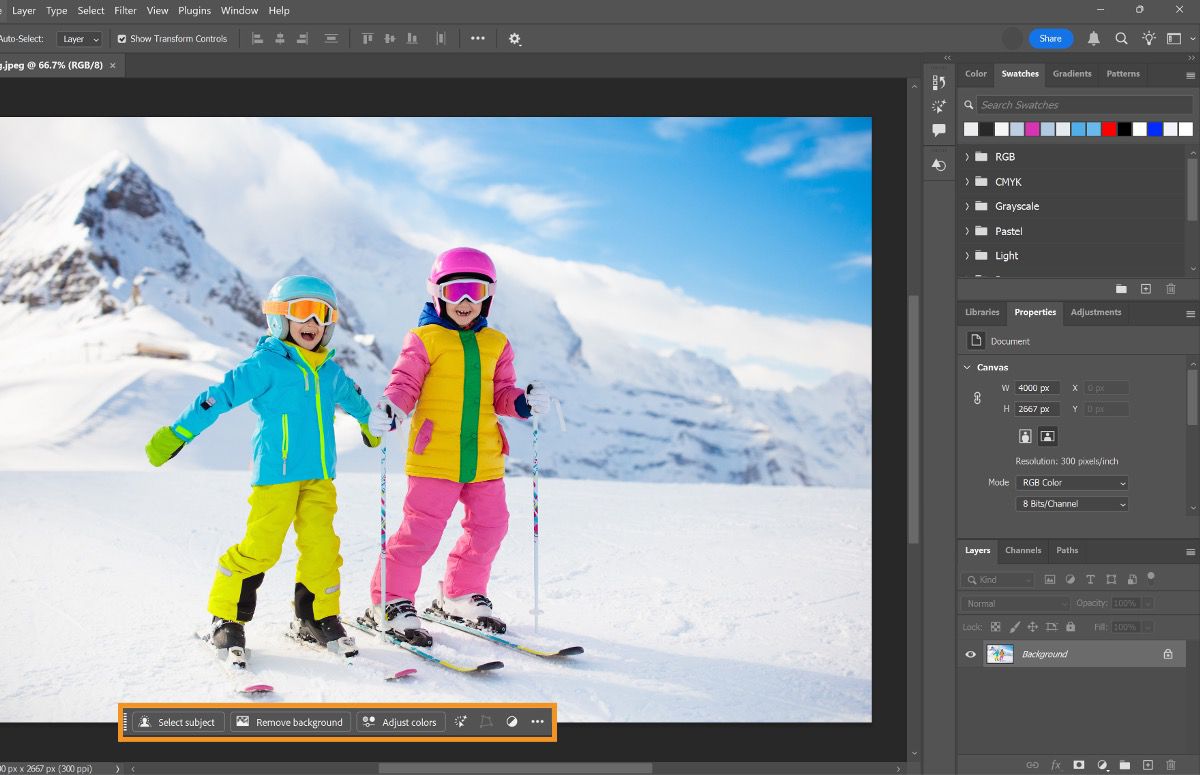 Adjust colors is shown in the Contextual Task Bar in Photoshop