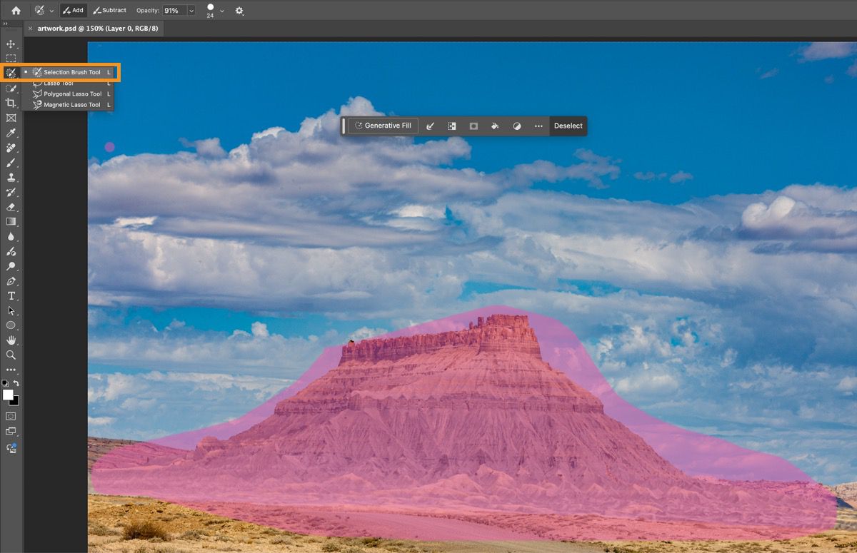 เครื่องมือแปรงส่วนที่เลือกจะอยู่ในกลุ่มเครื่องมือ Lasso ใน Photoshop บนเดสก์ท็อป