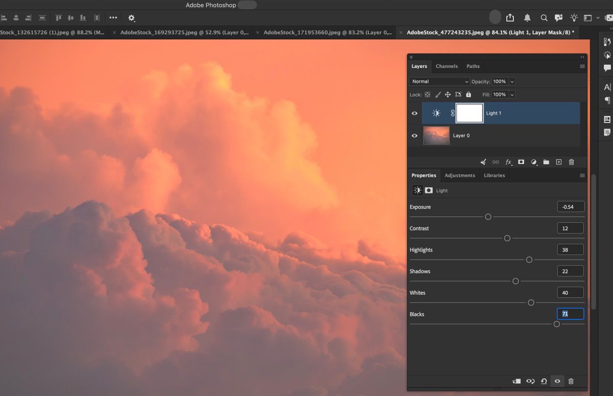 Layers panel showing a Light adjustment layer above the image layer, with Properties panel displaying Exposure, Contrast, Highlights, Shadows, Whites, and Blacks controls.