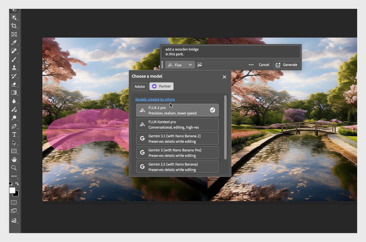 Captura de pantalla de la aplicación de escritorio Adobe Photoshop que muestra una imagen de un parque ajardinado con un canal de agua.Se resalta un área de selección en el lado izquierdo de la imagen y aparece una indicación que dice «añadir un puente de madera en este parque». El cuadro de diálogo «Elegir un modelo» está abierto y muestra opciones como FLUX.2, FLUX Kontext Pro y modelos Gemini, con FLUX.2 seleccionado.El lado derecho del lienzo muestra el resultado generado con un puente de madera añadido sobre el agua.