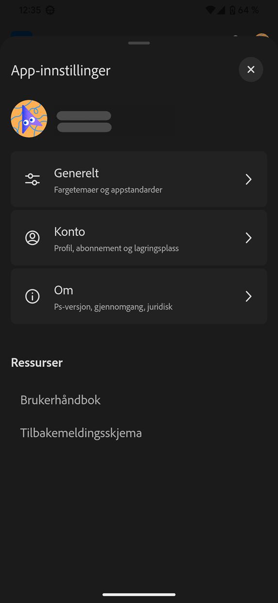 Skjermbilde av de generelle innstillingene i Photoshop på Android (Beta).