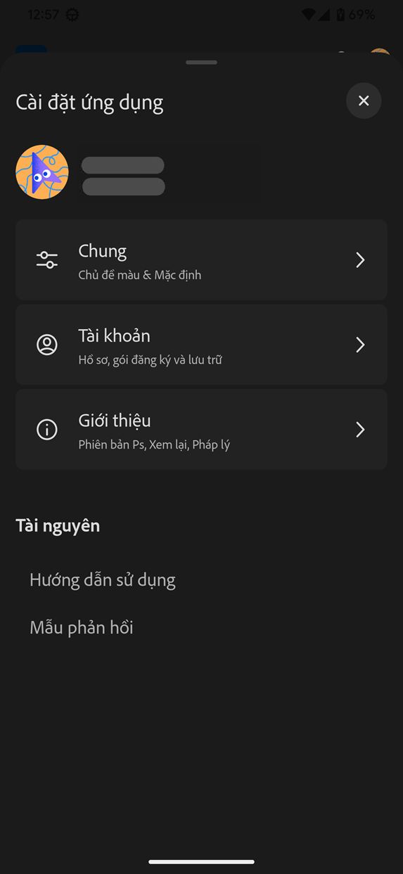 Ảnh chụp màn hình của phần cài đặt Chung trong Photoshop trên Android (Beta).
