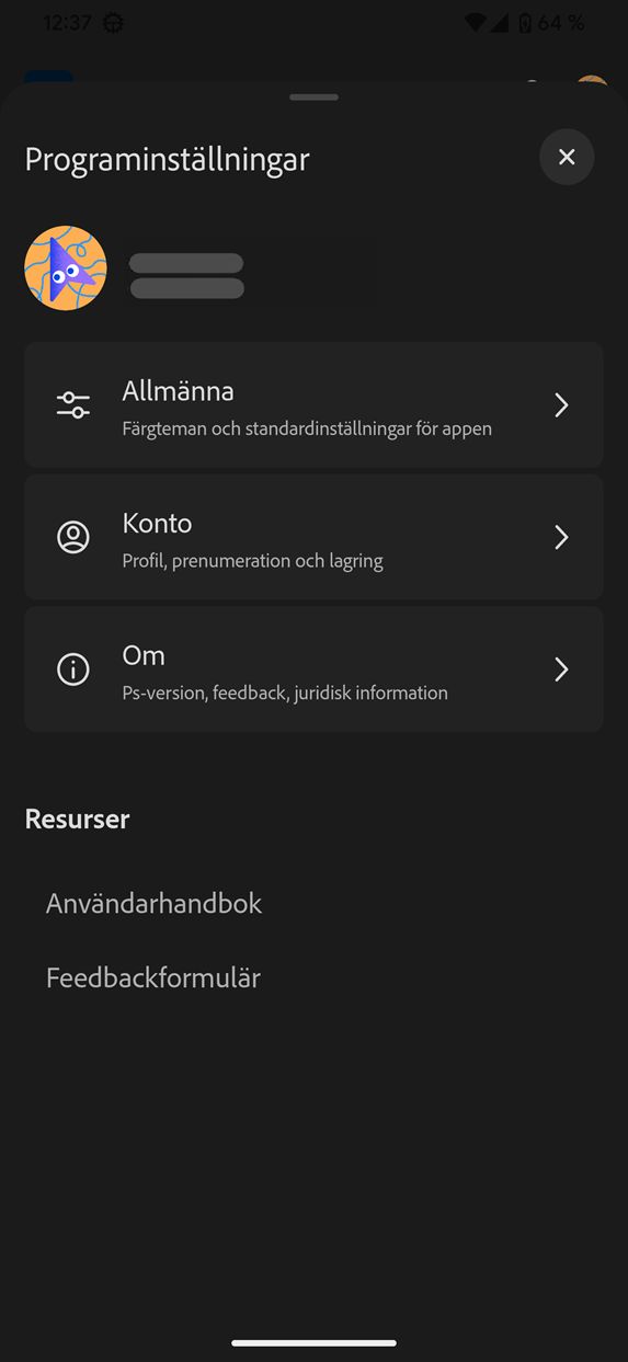Skärmbild av de allmänna inställningarna i Photoshop för Android (beta).