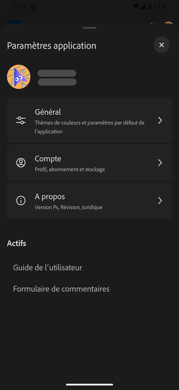 Copie d’écran des paramètres généraux de Photoshop sur Android (Beta).