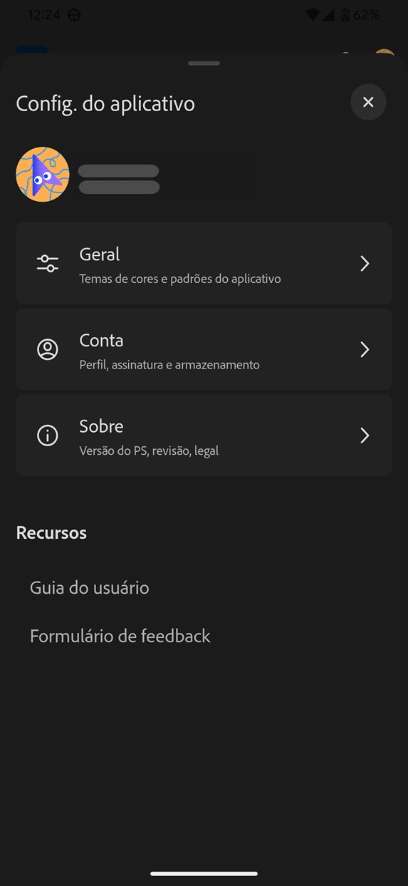 Instantâneo das configurações gerais no Photoshop para Android (Beta).