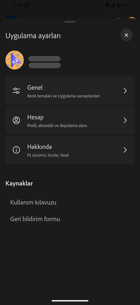 Android'de Photoshop'taki (Beta) Genel ayarların ekran görüntüsü.