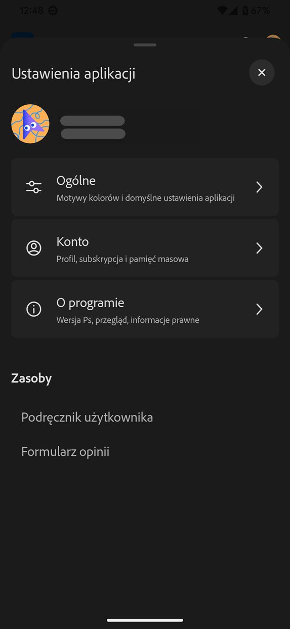 Zrzut ekranu ustawień ogólnych aplikacji Photoshop dla systemu Android (beta).
