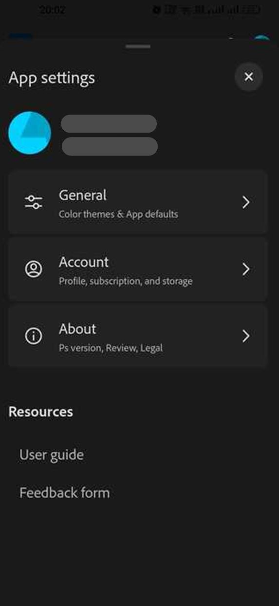 Az Androidhoz készült Photoshop (Beta) általános beállításinak képernyőképe