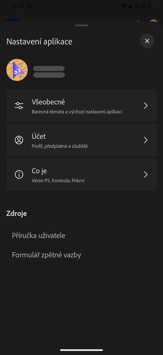 Snímek obrazovky se všeobecnými nastaveními aplikace Photoshop na Androidu (Beta)