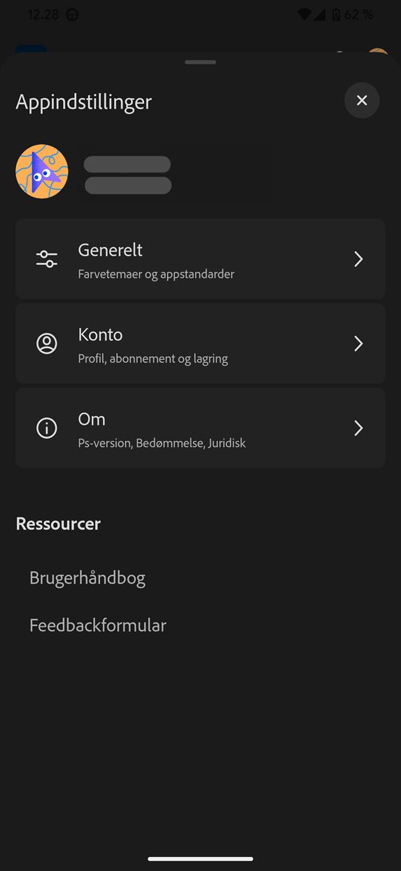 Skærmbillede af de generelle indstillinger i Photoshop på Android (Beta).