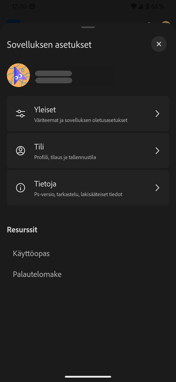 Näyttökuva Photoshopin Android-version (beta) yleisistä asetuksista.