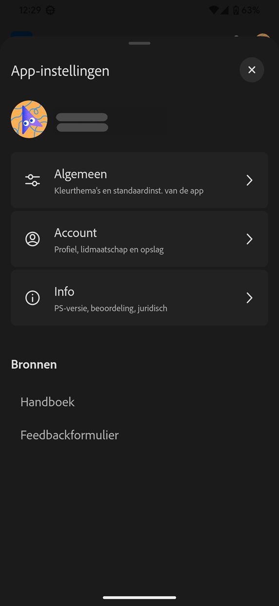 Screenshot van de Algemene instellingen in Photoshop op Android (Beta).