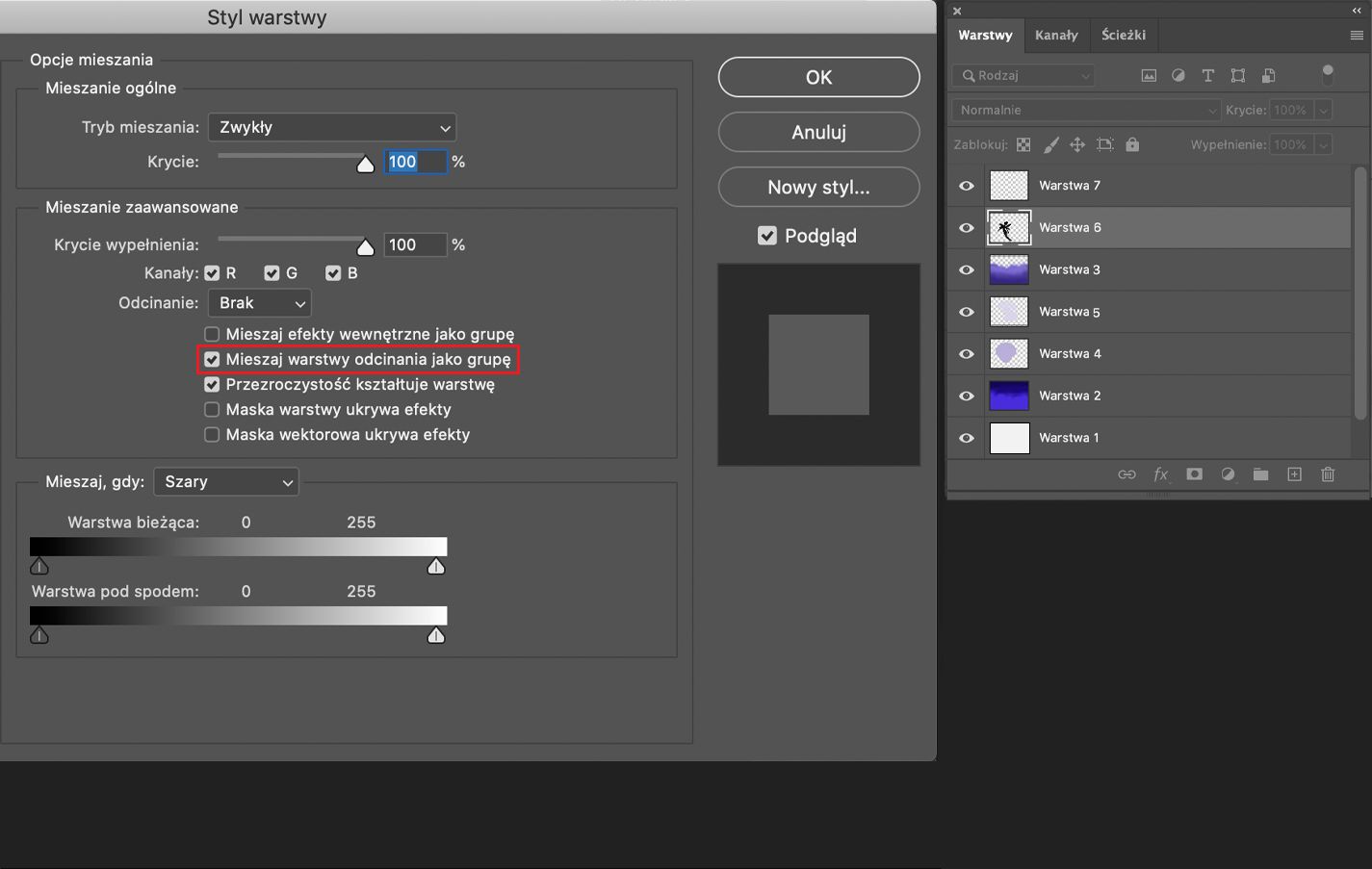 Maska przycinająca w programie Photoshop — zawartość warstwy przycinanej widoczna tylko w obrębie zawartości warstwy podstawowej