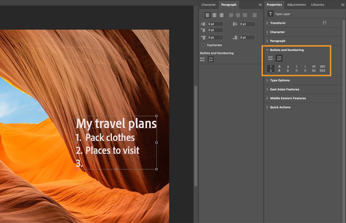 Tạo danh sách dấu đầu dòng và đánh số khi làm việc với công cụ Nhập văn bản trong Photoshop