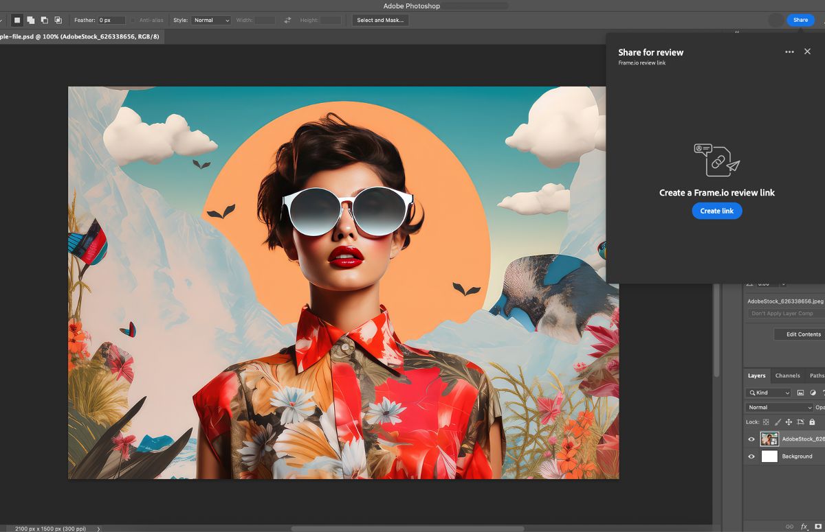Comparta su trabajo creativo de Photoshop para su revisión con Frame.io, una función disponible ahora solo para usuarios de Enterprise