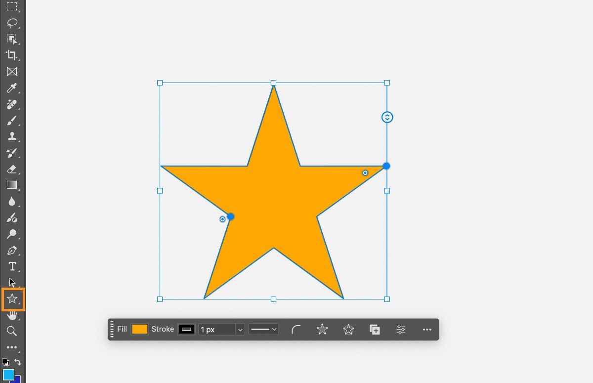 A star shape with anchor points is shown selected on the Photoshop canvas. View the shape editing options in the Contextual Task Bar. 