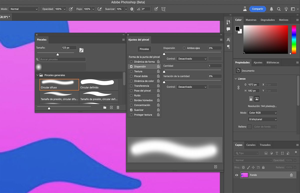 Elija entre las opciones de forma de punta de pincel en el panel Ajustes del pincel