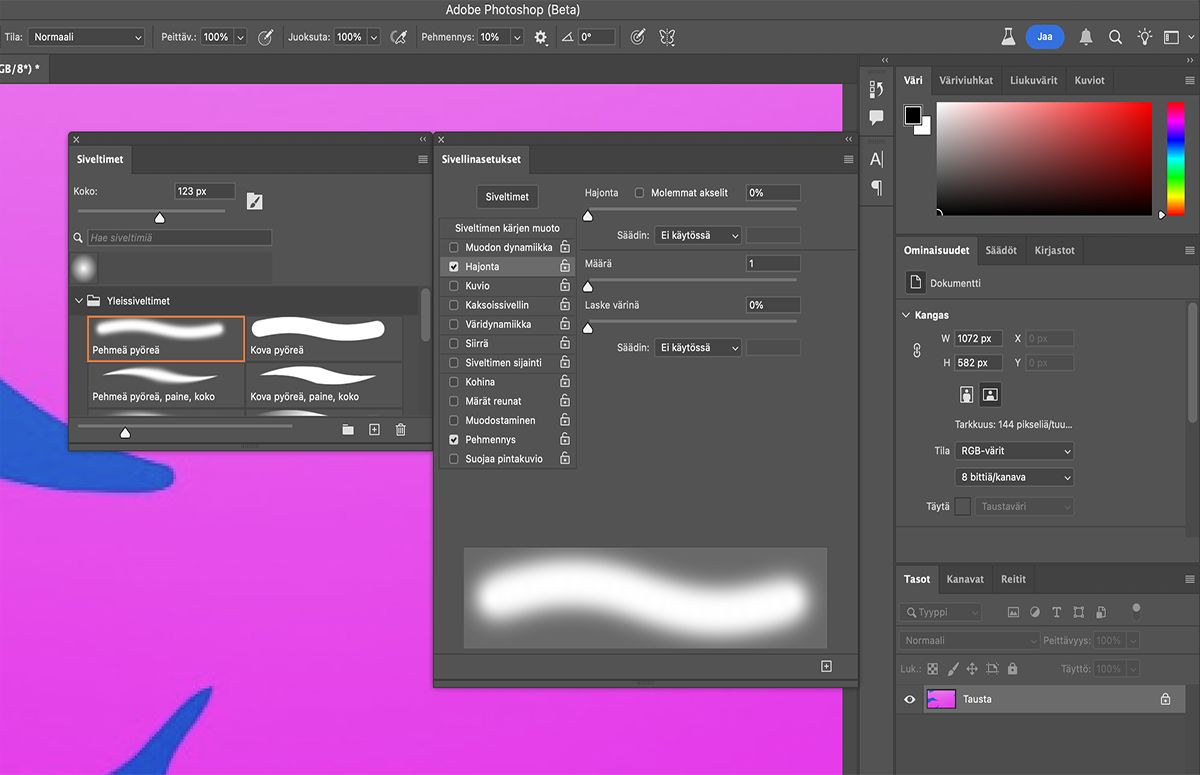 Siveltimen kärjen muodon valitseminen Sivellinasetukset-paneelissa