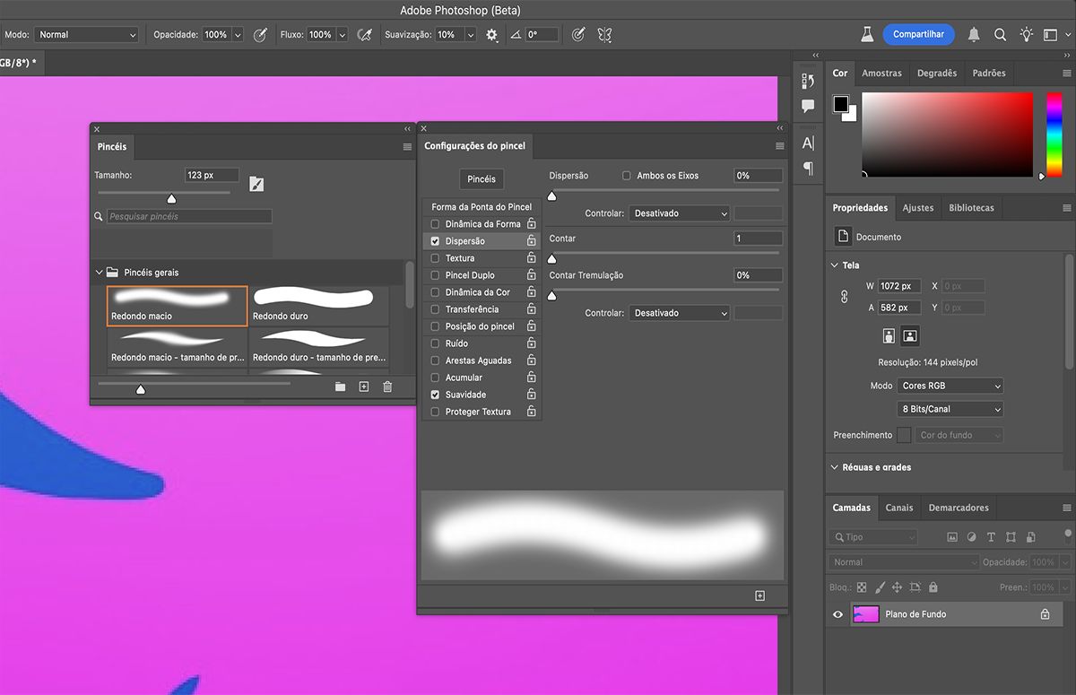 Escolha entre as opções de formatos de ponta de pincel disponíveis no painel Configurações de pincel