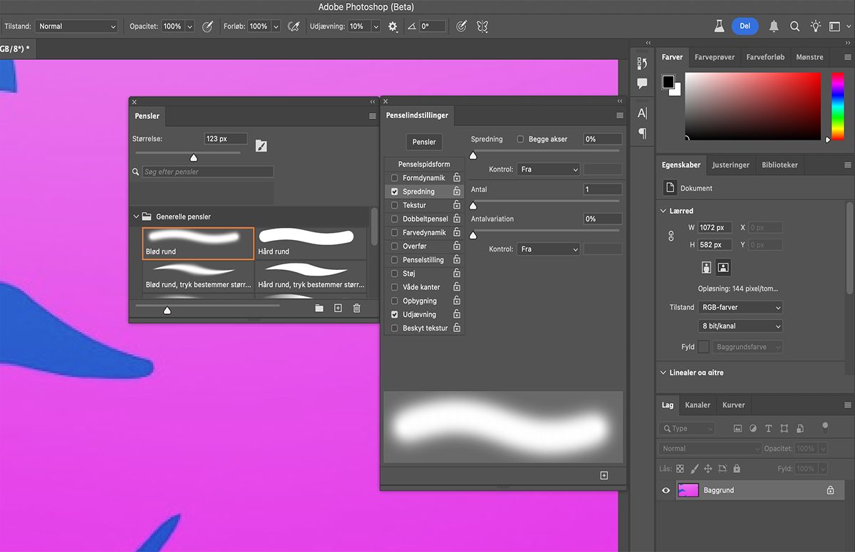 Vælg mellem de givne indstillinger for penselspidsform i panelet Penselindstillinger