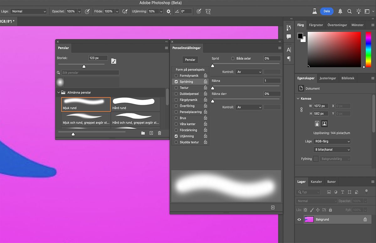 Välj bland alternativen för form på penselspets i panelen Penselinställningar